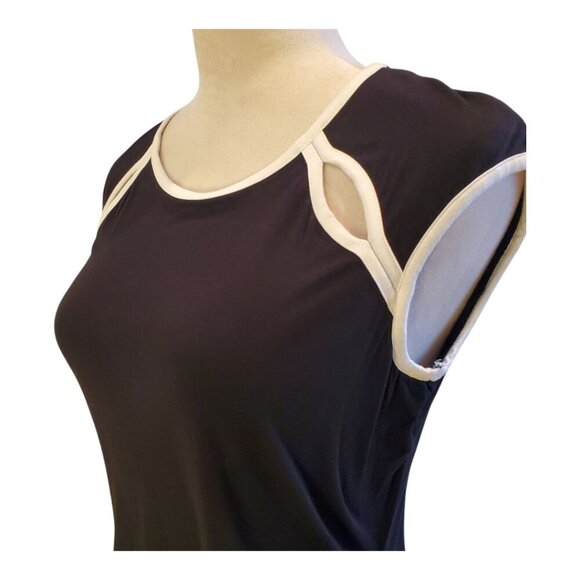 CALVIN KLEIN SZ 8 Sleeveless Black with White Trim Soft Stretch Rayon Midi Dress - Picture 2 of 6